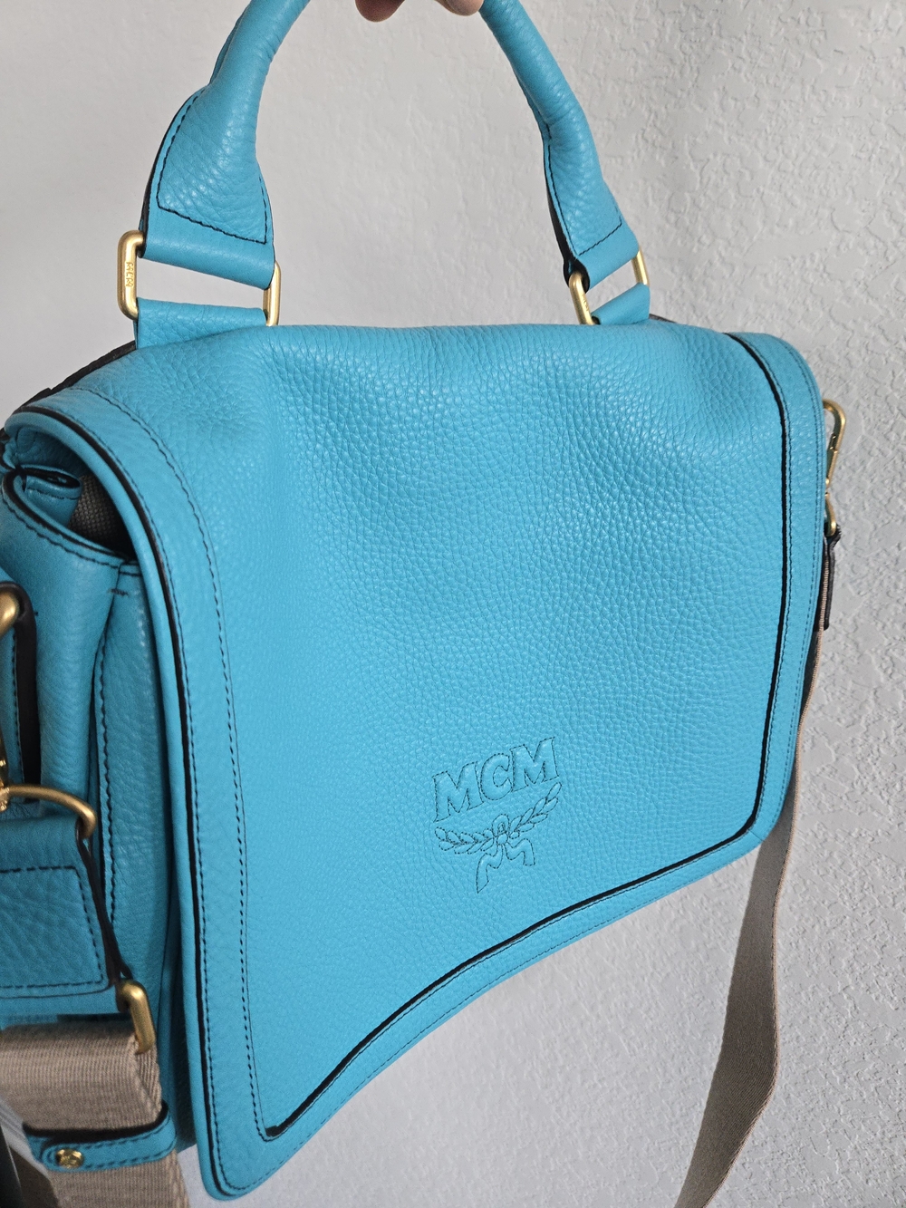 MCM Turquoise Leather Top Handle Crossbody Messenger Bag